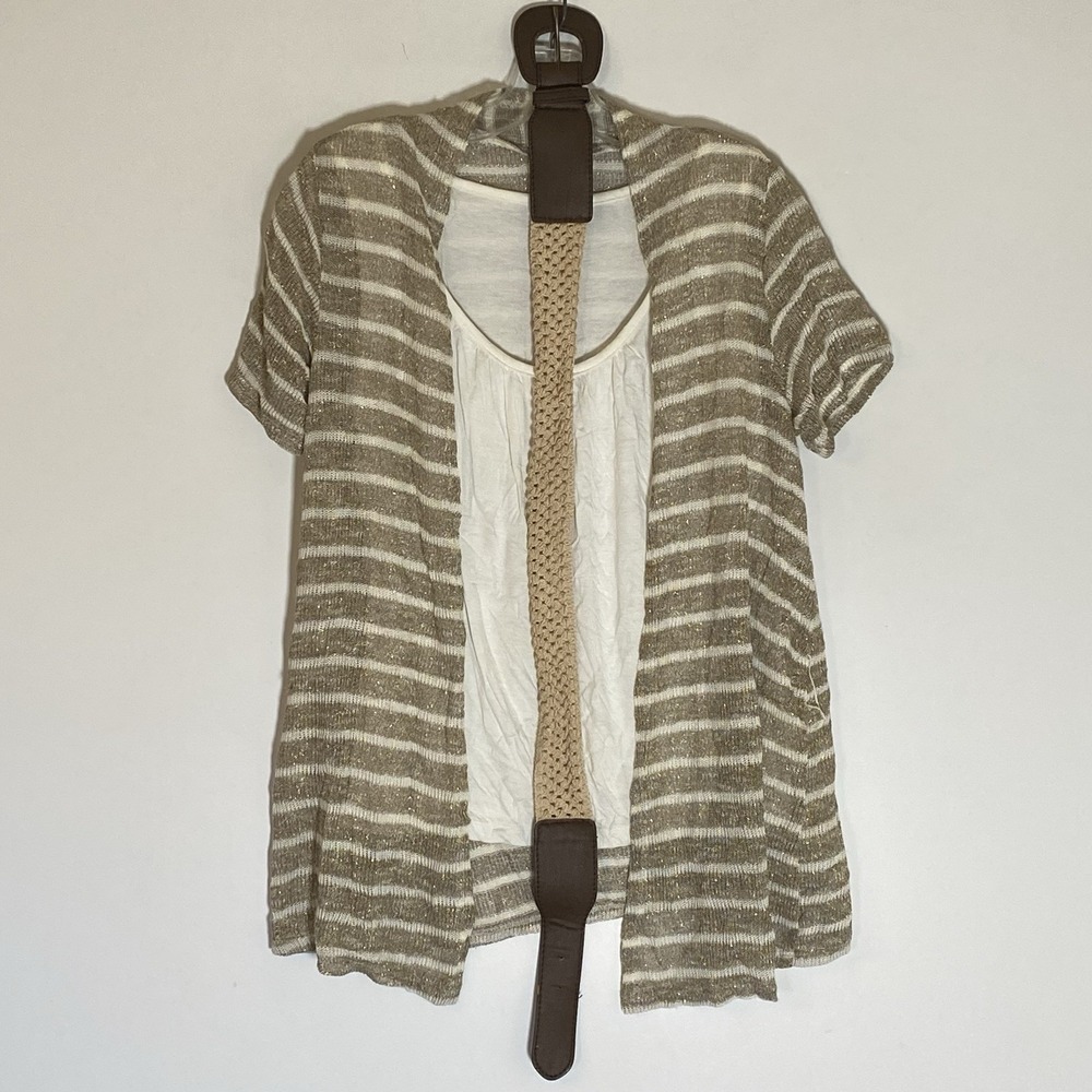 New Directions Top‎ Womens Medium Tan Stripe Open Front Lightweight Sweater Belt